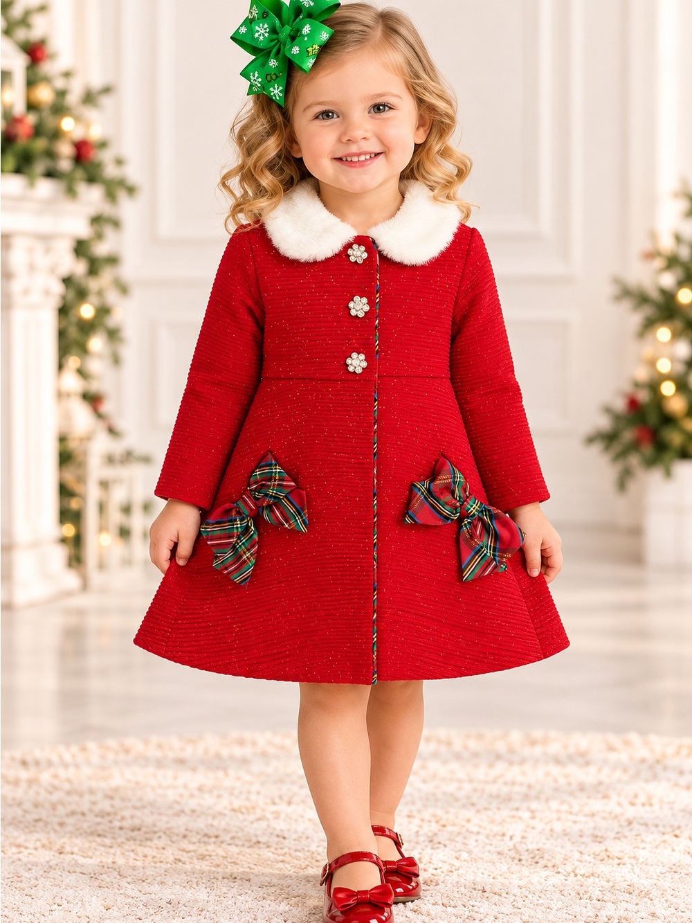 Blueberi Boulevard Girls 3T Red Christmas Coat Dress + Bow